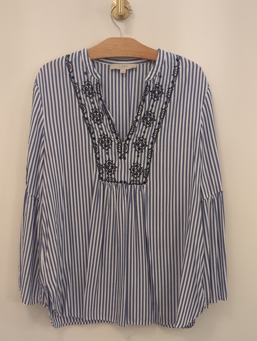 LOFT Blue & White Striped Tunic with Navy Embroidery